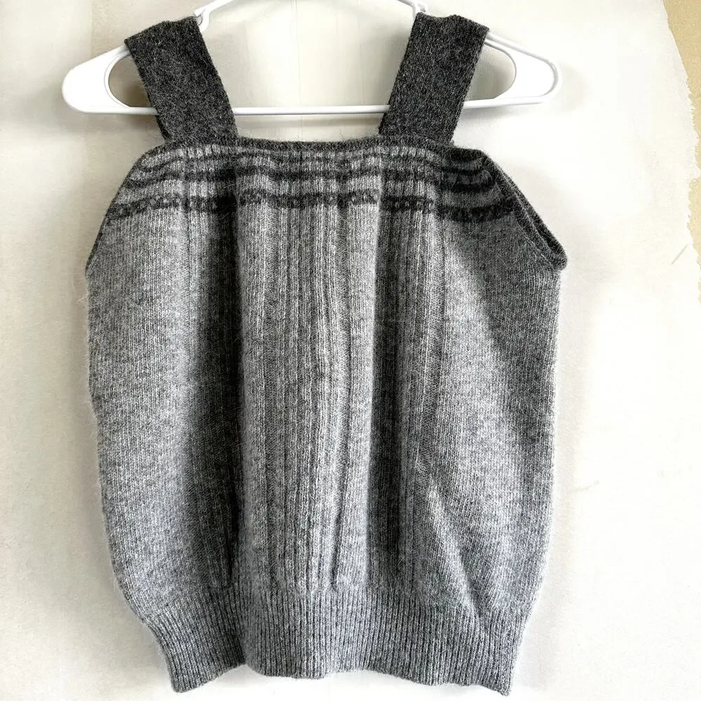 Knitted Top Striped Square Neck  Sleeveless Ribbed Hem Stretchy Gray Black XL